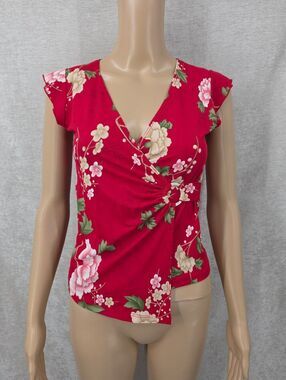 Y2K Wild Cat Cherry Red Floral Fauxl Wrap Front Blouse Top